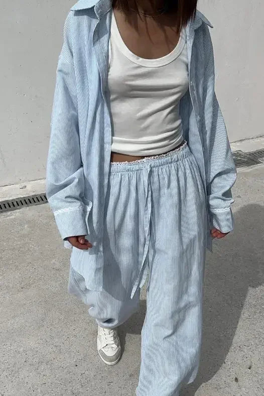 Women's Casual Solid Shirt Lace Up Pants Two Piece Set Chic Loose Lapel Blouses Elastic Waist Trouser Suit 2026 New Daily Outfit