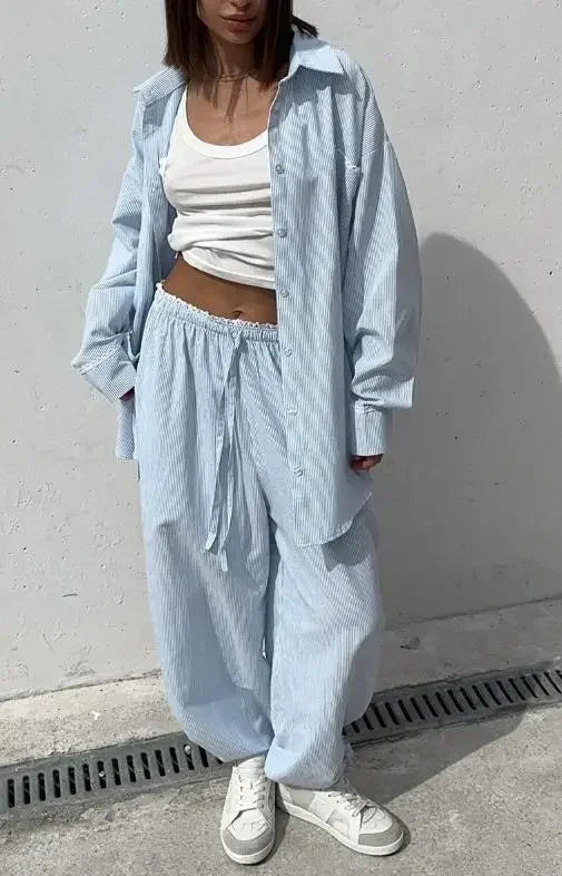 Women's Casual Solid Shirt Lace Up Pants Two Piece Set Chic Loose Lapel Blouses Elastic Waist Trouser Suit 2026 New Daily Outfit