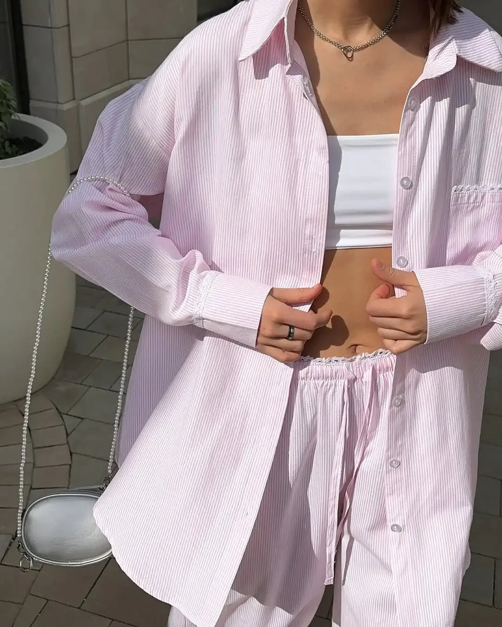 Women's Casual Solid Shirt Lace Up Pants Two Piece Set Chic Loose Lapel Blouses Elastic Waist Trouser Suit 2026 New Daily Outfit