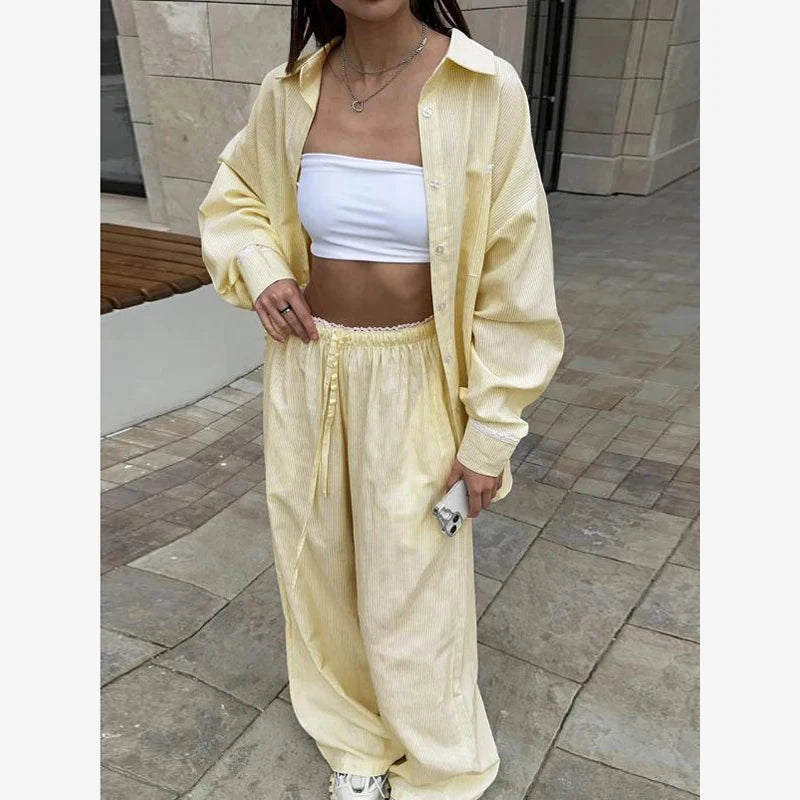 Women's Casual Solid Shirt Lace Up Pants Two Piece Set Chic Loose Lapel Blouses Elastic Waist Trouser Suit 2026 New Daily Outfit