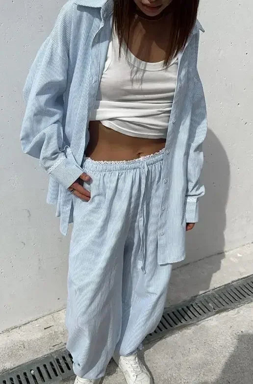 Women's Casual Solid Shirt Lace Up Pants Two Piece Set Chic Loose Lapel Blouses Elastic Waist Trouser Suit 2026 New Daily Outfit