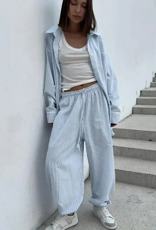 Women's Casual Solid Shirt Lace Up Pants Two Piece Set Chic Loose Lapel Blouses Elastic Waist Trouser Suit 2026 New Daily Outfit