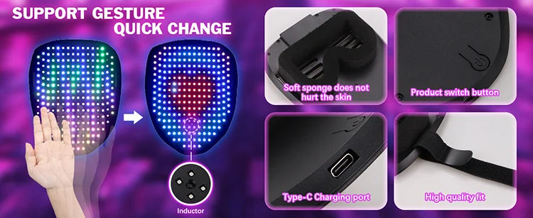LED Mask with Gesture Sensing Light up Face Transforming Led Halloween Mask for Kids Men Women Costume Cosplay Party
