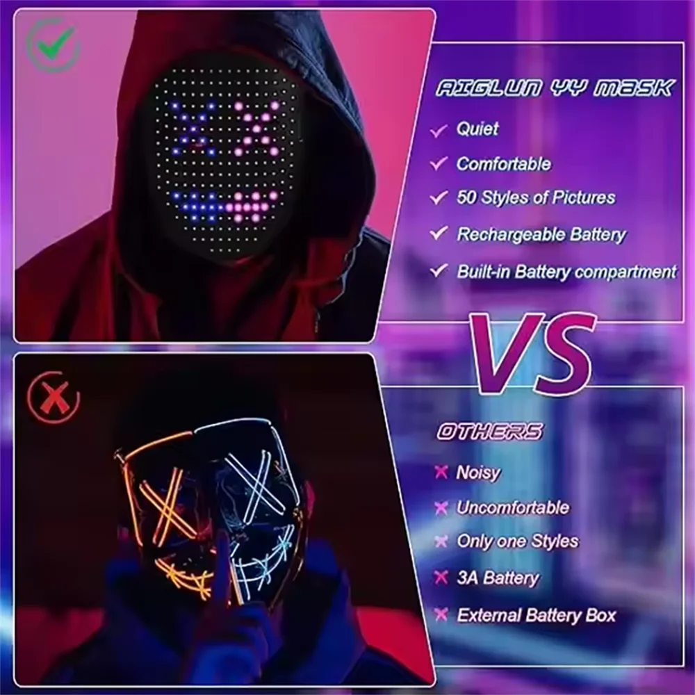 LED Mask with Gesture Sensing Light up Face Transforming Led Halloween Mask for Kids Men Women Costume Cosplay Party