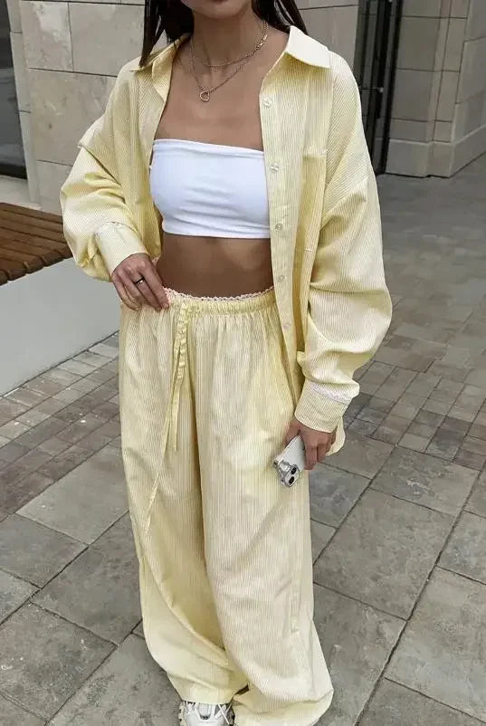 Women's Casual Solid Shirt Lace Up Pants Two Piece Set Chic Loose Lapel Blouses Elastic Waist Trouser Suit 2026 New Daily Outfit