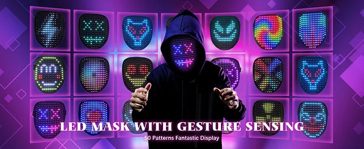LED Mask with Gesture Sensing Light up Face Transforming Led Halloween Mask for Kids Men Women Costume Cosplay Party