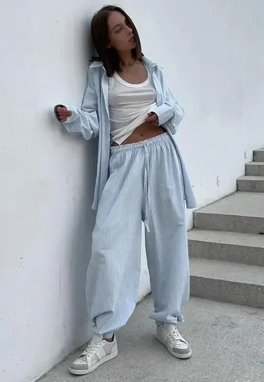 Women's Casual Solid Shirt Lace Up Pants Two Piece Set Chic Loose Lapel Blouses Elastic Waist Trouser Suit 2026 New Daily Outfit