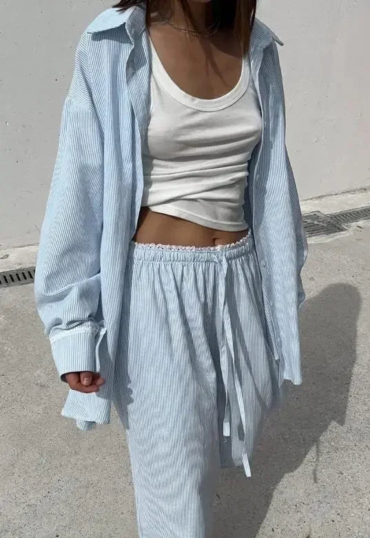 Women's Casual Solid Shirt Lace Up Pants Two Piece Set Chic Loose Lapel Blouses Elastic Waist Trouser Suit 2026 New Daily Outfit