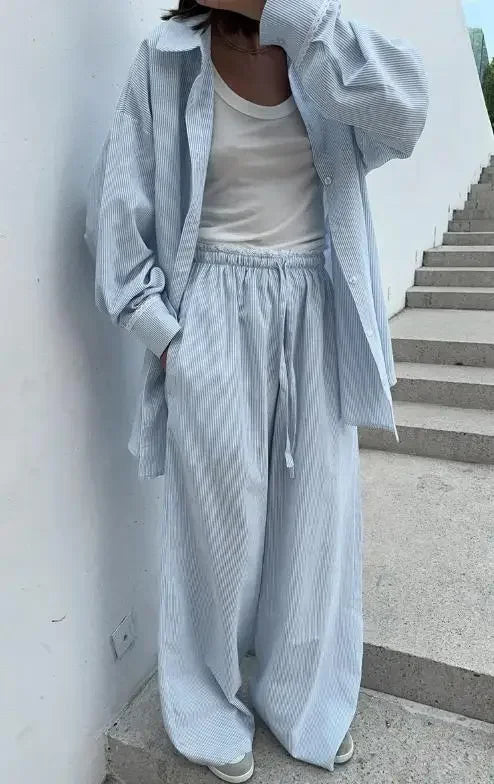 Women's Casual Solid Shirt Lace Up Pants Two Piece Set Chic Loose Lapel Blouses Elastic Waist Trouser Suit 2026 New Daily Outfit