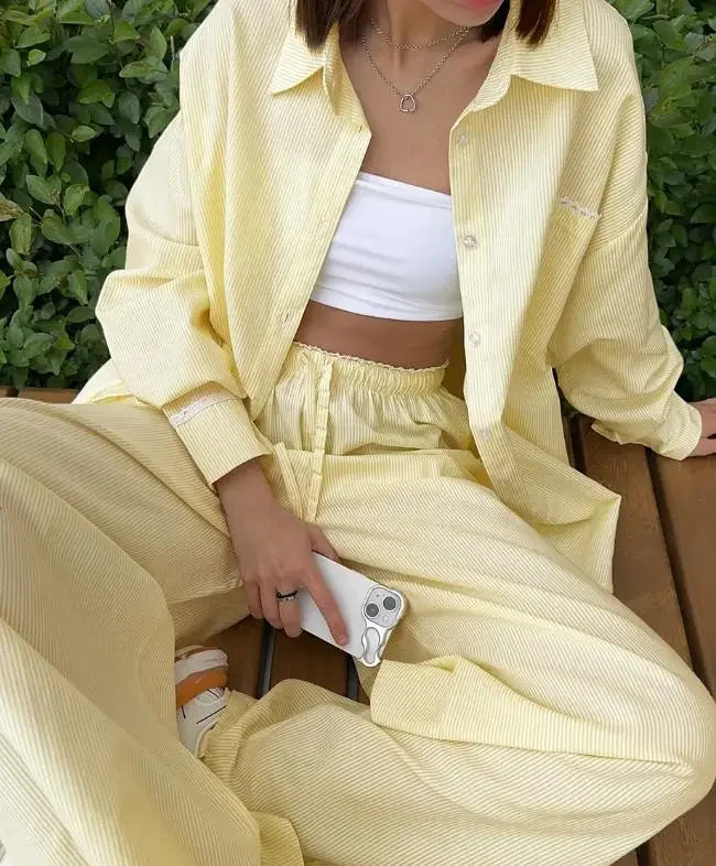 Women's Casual Solid Shirt Lace Up Pants Two Piece Set Chic Loose Lapel Blouses Elastic Waist Trouser Suit 2026 New Daily Outfit